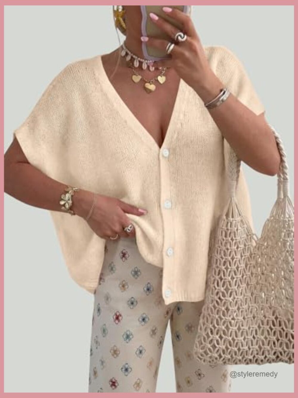 Oversized Cardigan - Batwing Short Sleeve Lightweight Button V Neck Casual Knit - Picture 2 of 7